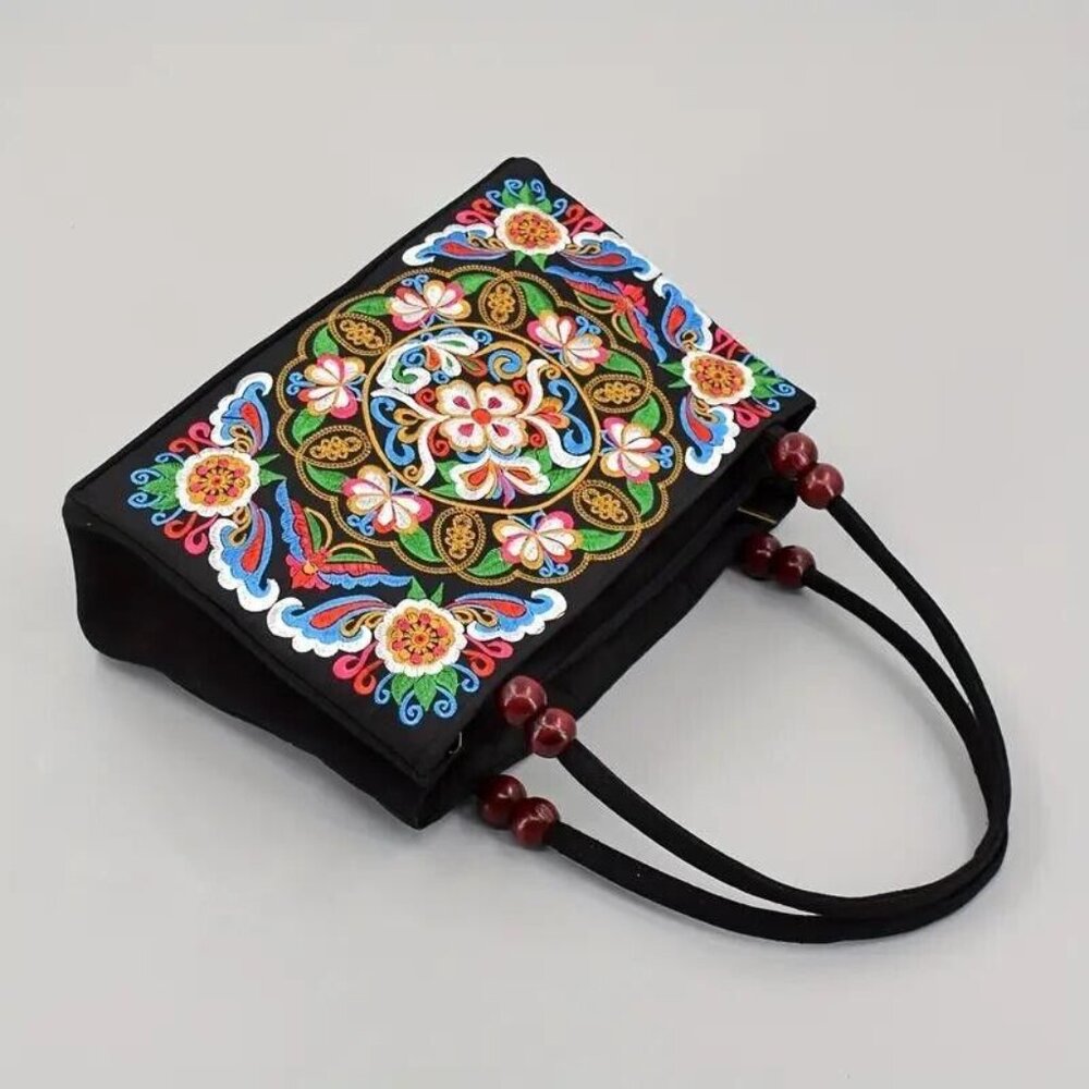 Women's Stylish Floral Embroidered Tote Handbag, Trendy Zipper Canvas Bag - Picture 4 of 6
